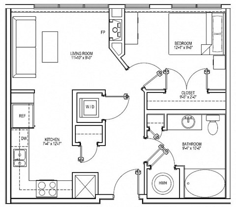 Floor plan for 1 bed, 1 bath, 645 sqft